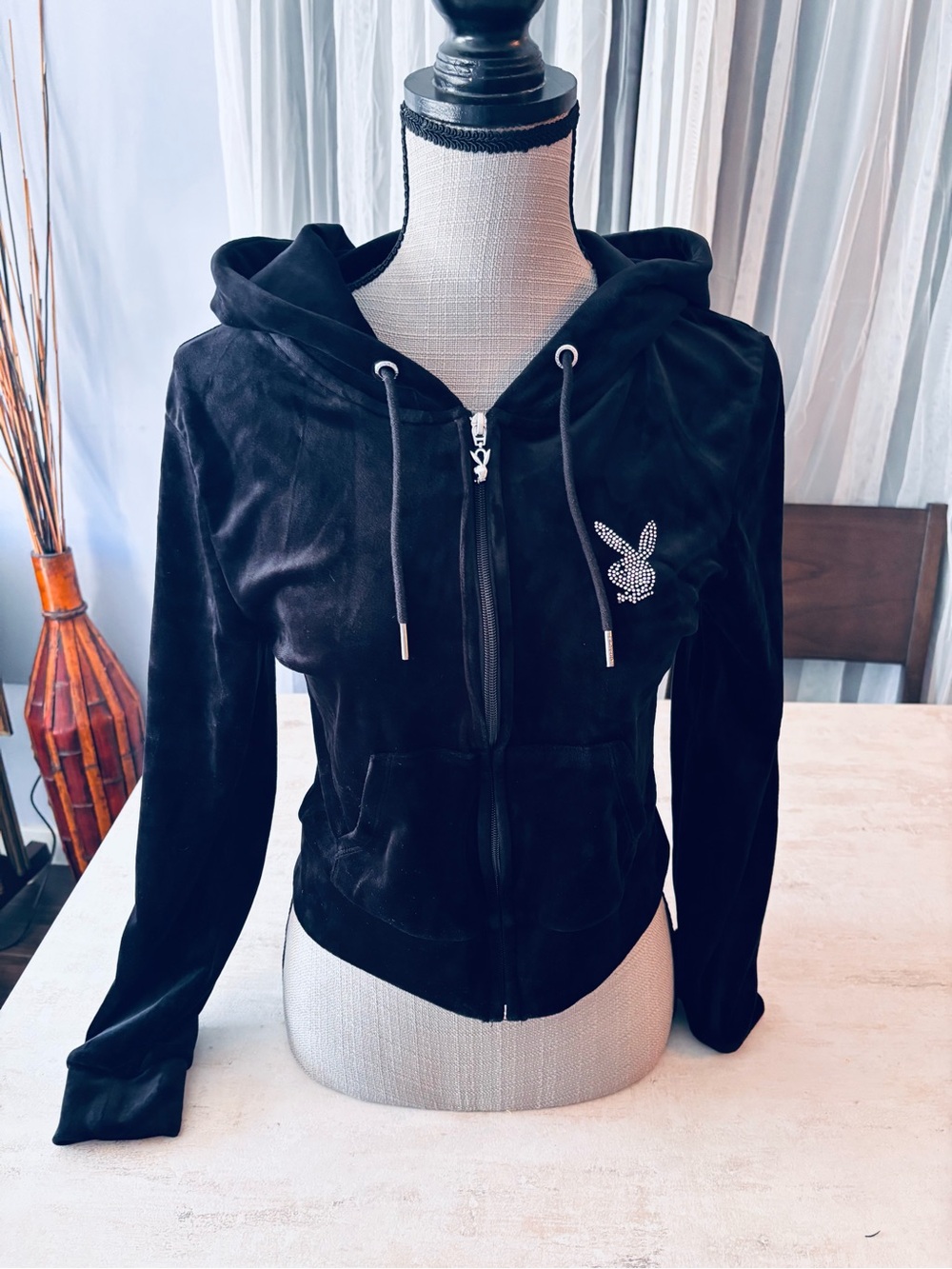 PLAYBOY Y2K Black Velour Zip-Up Hoodie Rhinestones on Front and Back